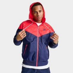 Men's Nike Sportswear Windrunner Woven Hooded Jacket Midnight Navy/Light Crimson/Midnight Navy - DA0001 410