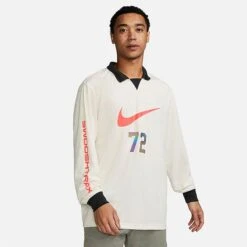 Men's Nike Sportswear SwooshTrax Graphic Long-Sleeve Collared Top Phantom/Black/Bright Crimson - DX0048 030