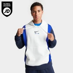 Men's Nike Air Retro Swoosh Fleece Pullover Hoodie Summit White/Obsidian/Game Royal - FN7691 122