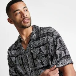 Men's Supply & Demand London Paisley Button Up Camp Shirt Black/White - SUM16453 090 -Deals Adidas Store SUM16453 090 M5
